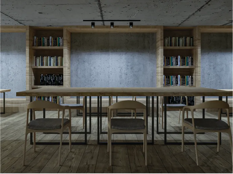 Communal reading tables and integrated shelving support collaborative learning within a warm material palette.