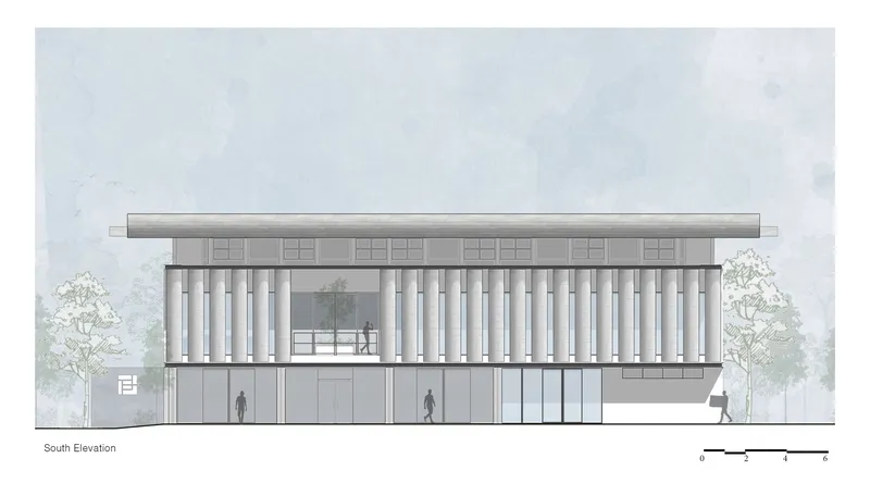 South elevation drawing showing a flat-roofed structure with vertical louvers and figures at ground level