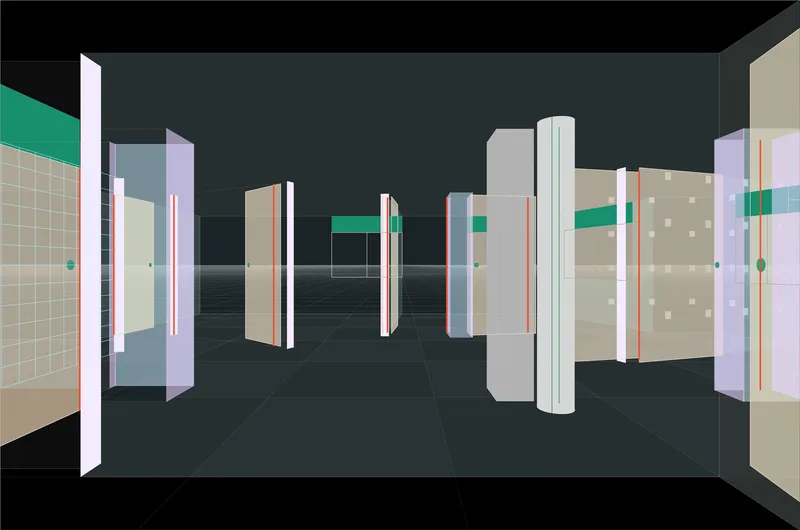 Eye-level axonometric view showing articulated wall panels with tile, solid and translucent surfaces arranged in sequence