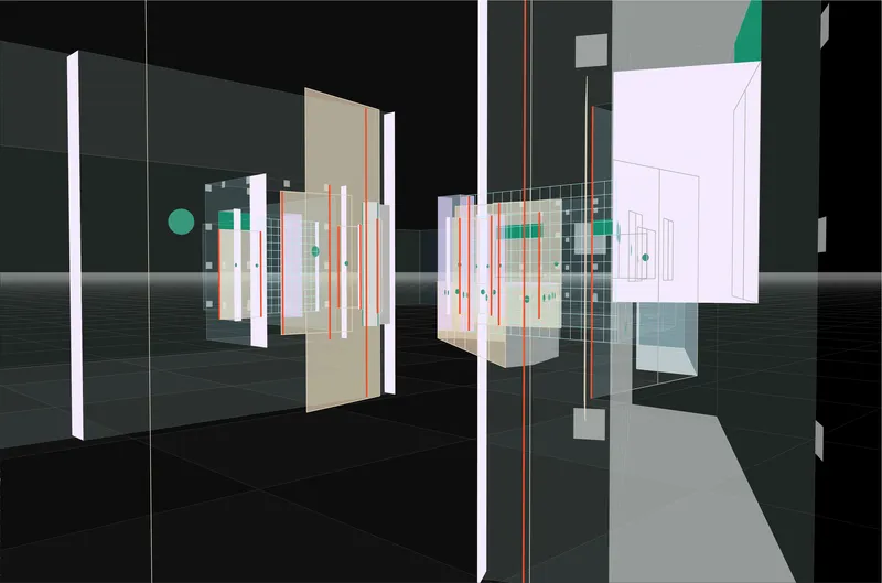 Split-view axonometric revealing suspended wall panels, doorway thresholds and tiled partitions in layered spatial arrangement
