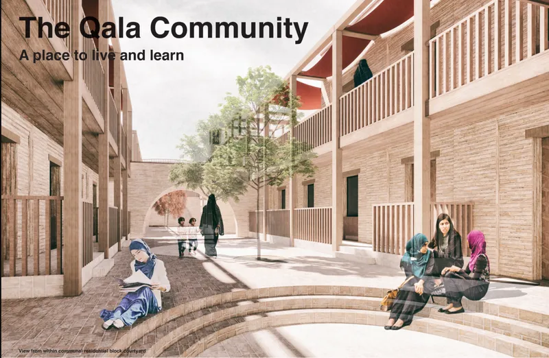 A shaded residential courtyard designed for everyday interaction, learning, rest, and a stronger sense of community.