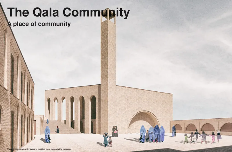 The community square and mosque form the civic heart of the Qala, supporting worship, gathering, social interaction, and collective identity.
