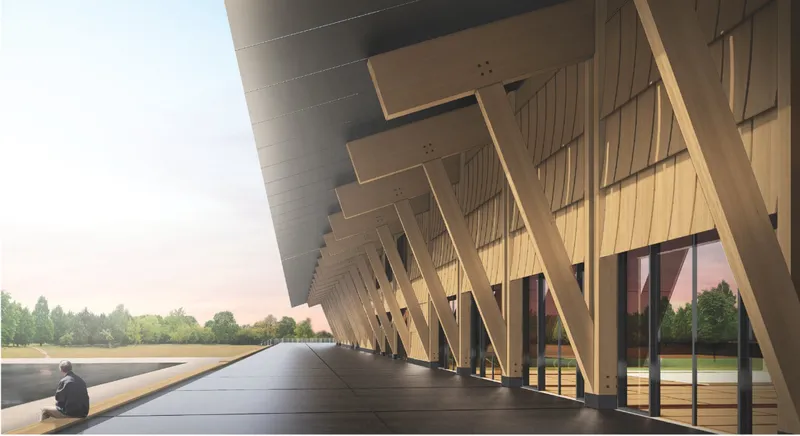Exterior view highlighting the repetitive timber structure and shaded riverfront platform.