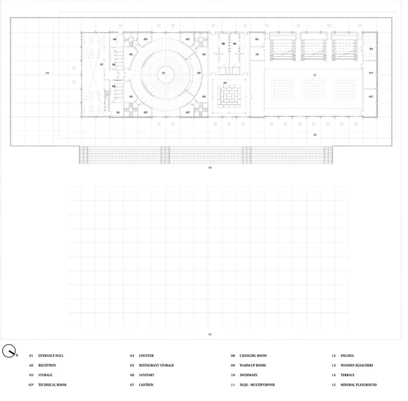 Ground floor plan organizing entrance, canteen, changing rooms, infirmary, dojo hall, terrace, and mineral playground.