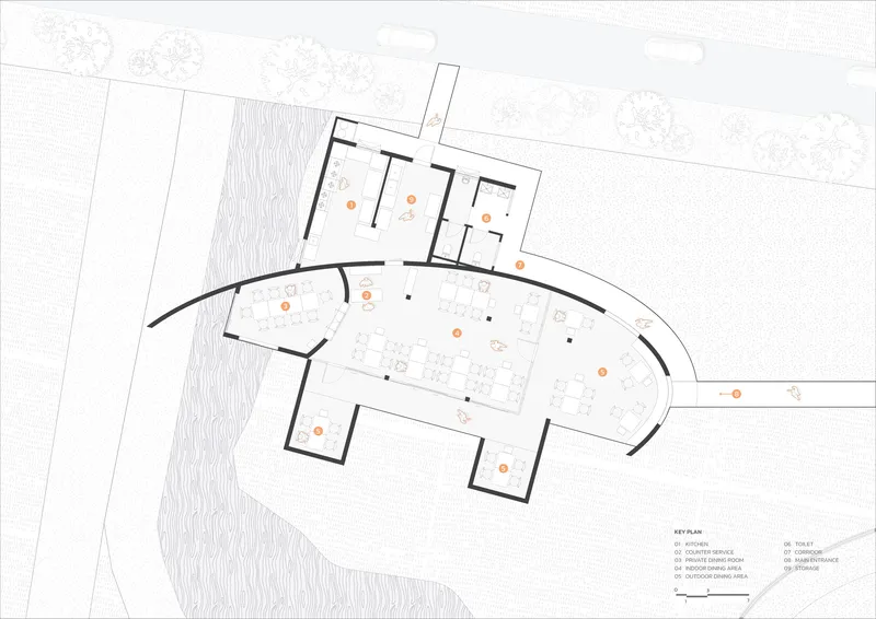 Floor plan drawing showing curved perimeter walls enclosing flexible interior spaces adjacent to water