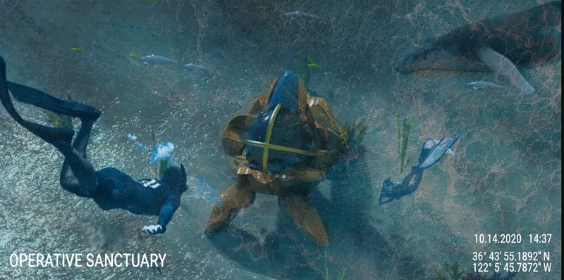 Overhead view of three divers exploring a submerged concrete foundation on a sandy ocean floor