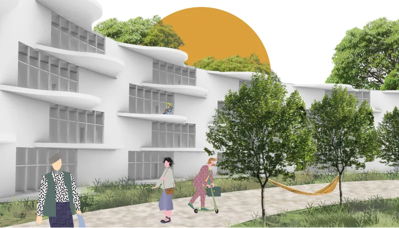 Curved residential façades and landscaped paths create an open, walkable environment for senior living.