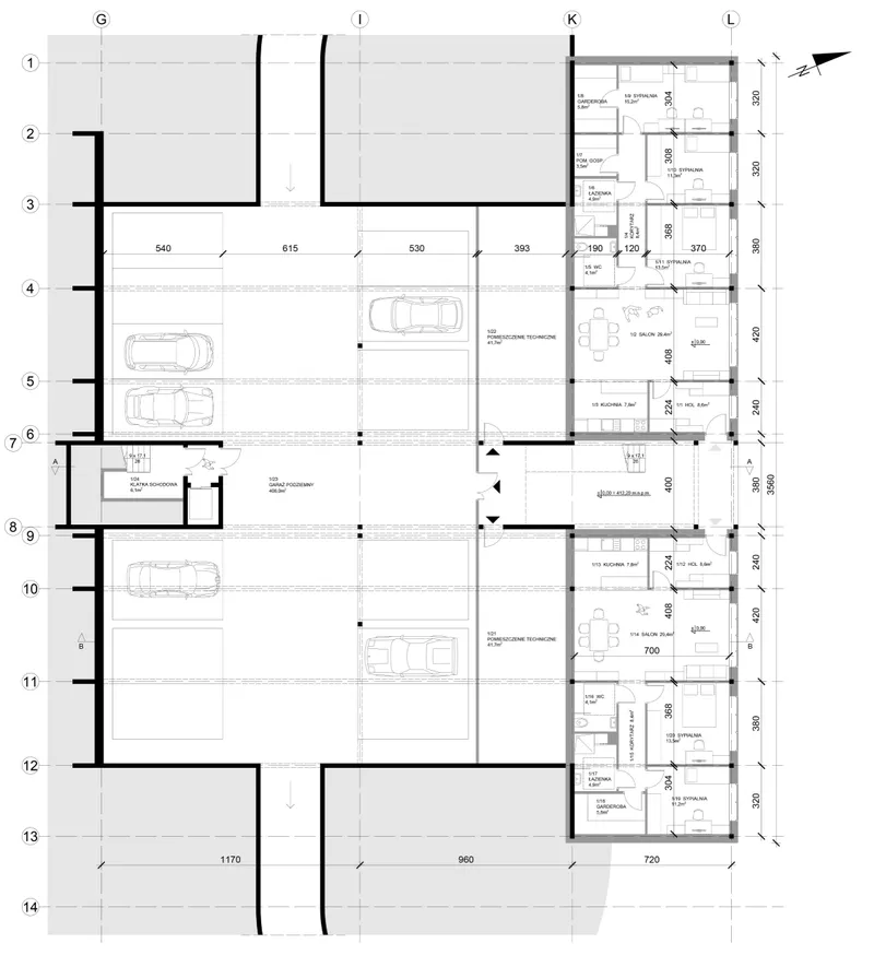 Ground-level plan integrates parking, technical spaces, circulation, and residential units within the terraced building system.