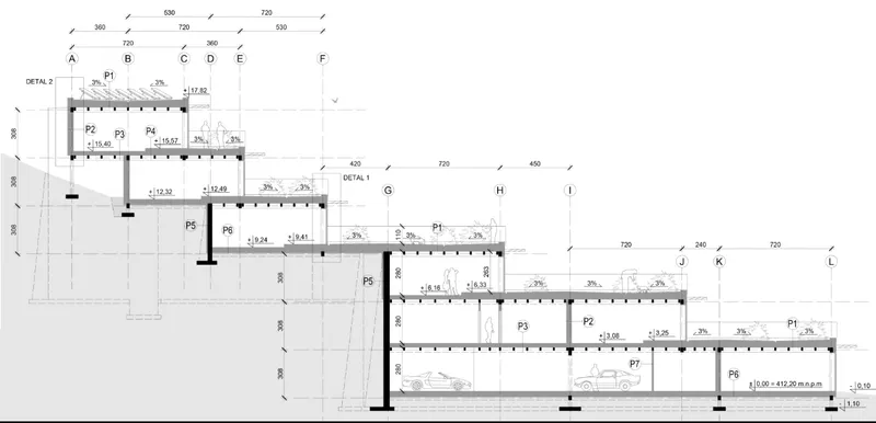 Longitudinal section illustrates how the building cascades down the slope through staggered floors, roofs, and integrated parking.