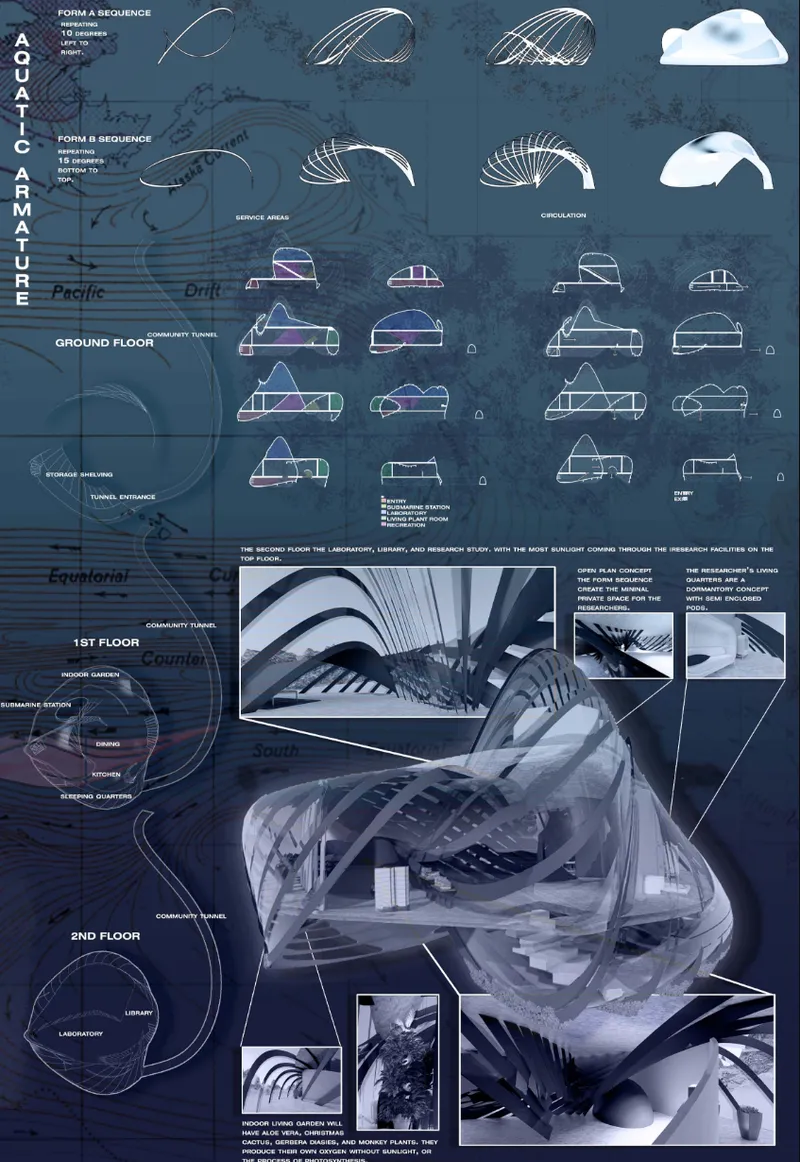 Organic pod geometries organize living, research, circulation, and community spaces across multiple levels