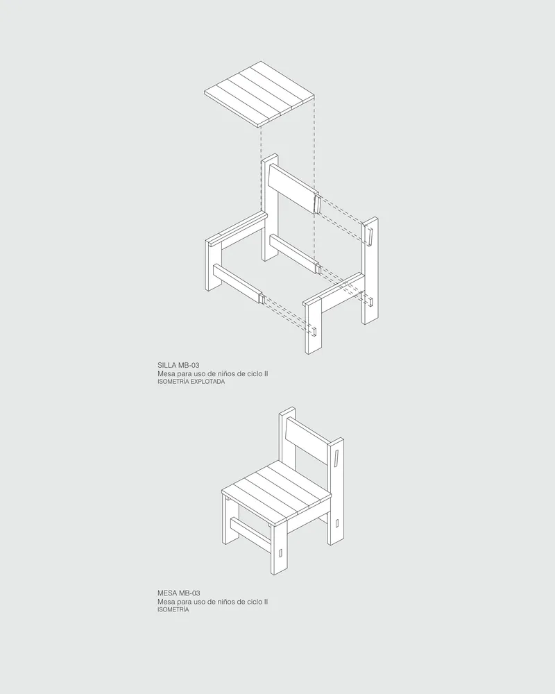 Isometric drawing of chair and table furniture assembly with timber members