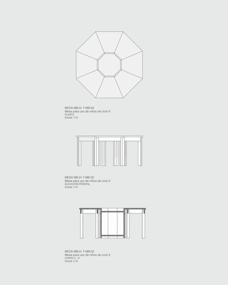 Plan and elevation drawings of octagonal table and bench seating configurations