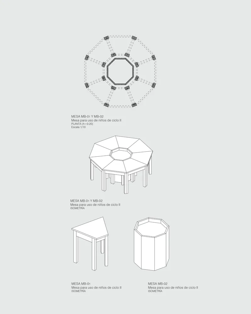 Isometric drawing showing modular table configurations with an octagonal central element and triangular components
