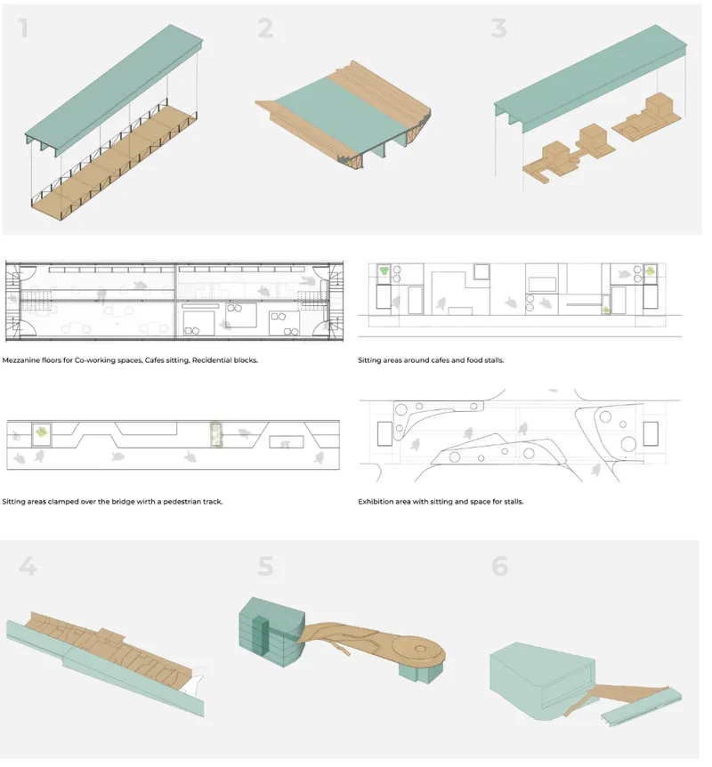 Exploded architectural studies showing modular parasitic elements, seating areas, coworking spaces and adaptable additions attached to existing infrastructure.