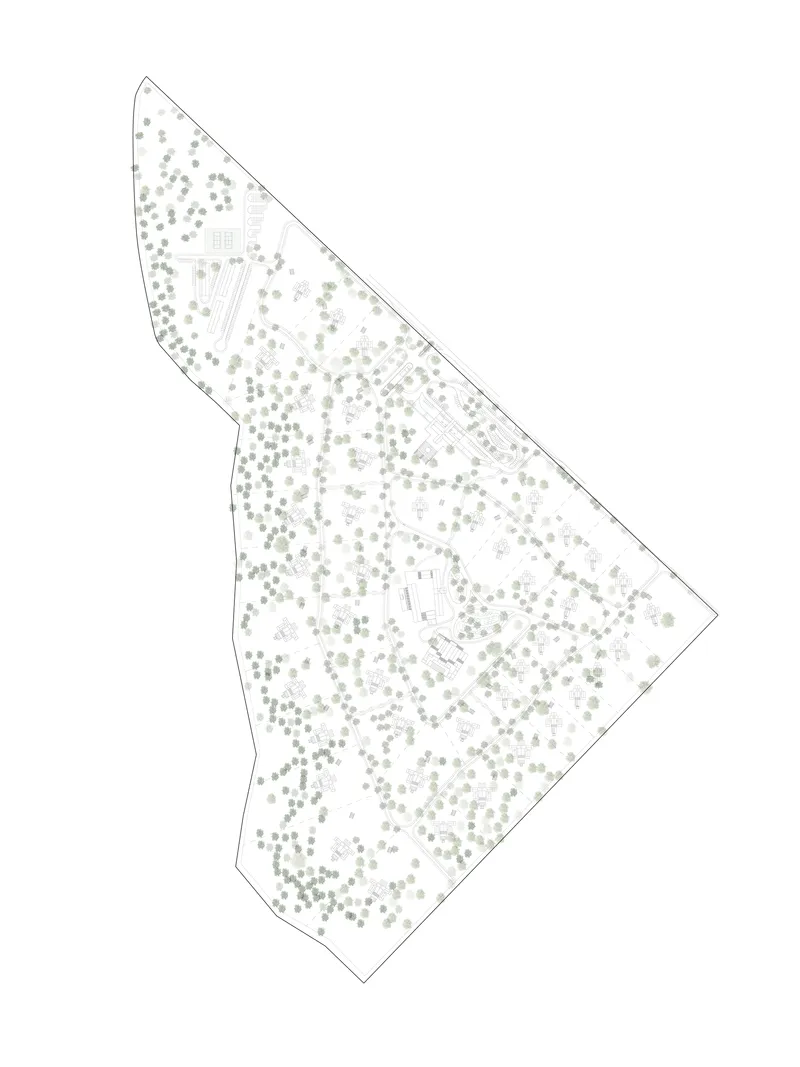Site plan drawing showing scattered tree canopies and building footprints within a triangular property boundary