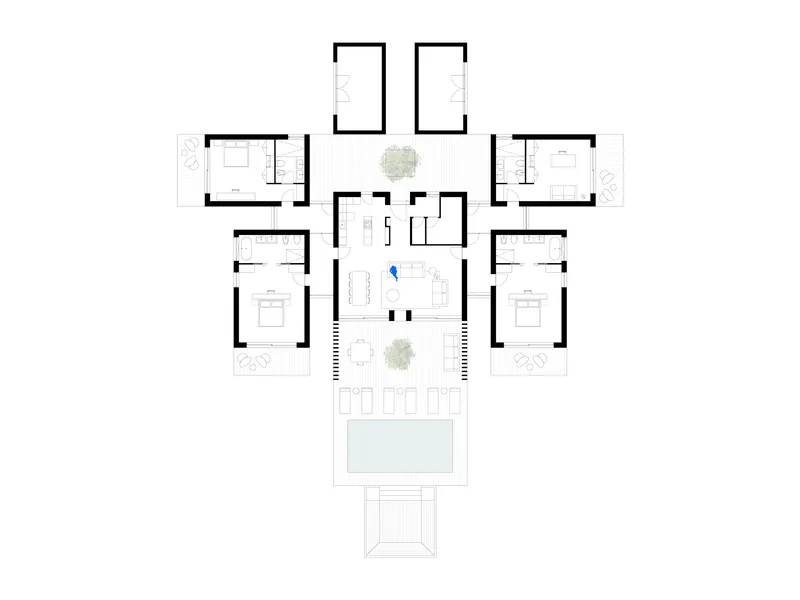 Floor plan drawing showing symmetrical bedroom wings radiating from a central living area with pool terrace