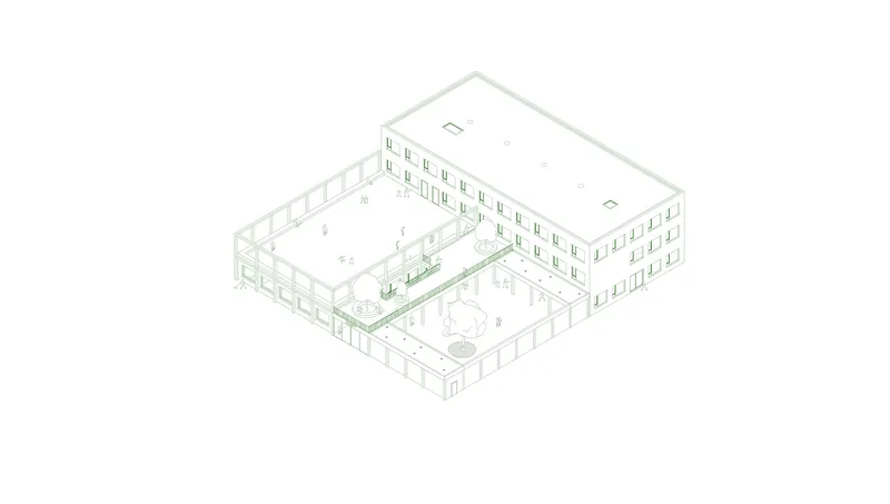 Isometric drawing showing a courtyard building with central open space and surrounding perimeter rooms
