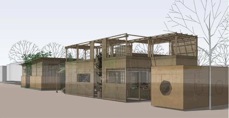 The modular façade blends enclosed learning spaces with open bamboo terraces and elevated play areas.