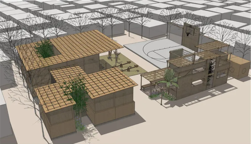 Aerial view showing the compact arrangement of classrooms, play structures, shaded zones, and the outdoor sports court.