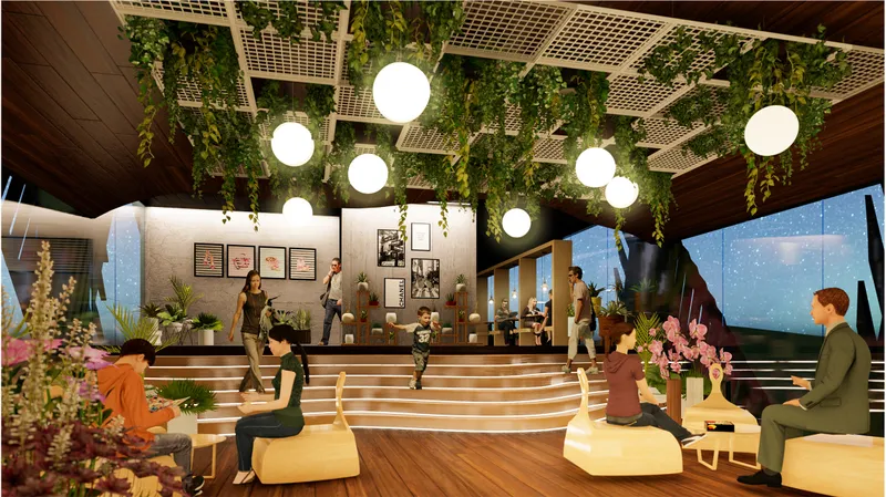 Lounge area with hanging plants, soft globe lights, and relaxed social seating.