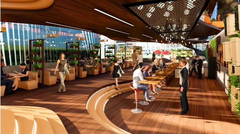 Dynamic café floor with curved bar seating, plant screens, and filtered daylight.