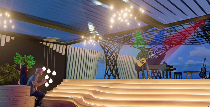 Rooftop performance space designed for concerts, open mics, and evening gatherings.