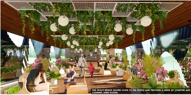 First floor lounge bringing nature indoors through ceiling greenery and soft seating.