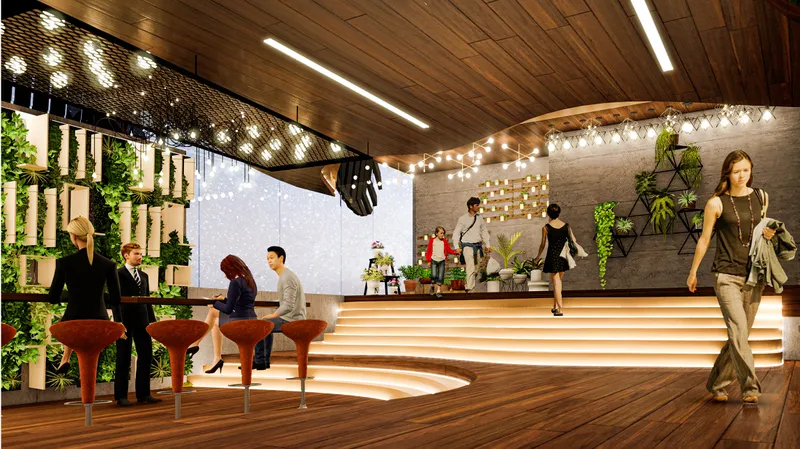 Ground floor café interior with stepped seating, greenery, and warm wooden finishes.