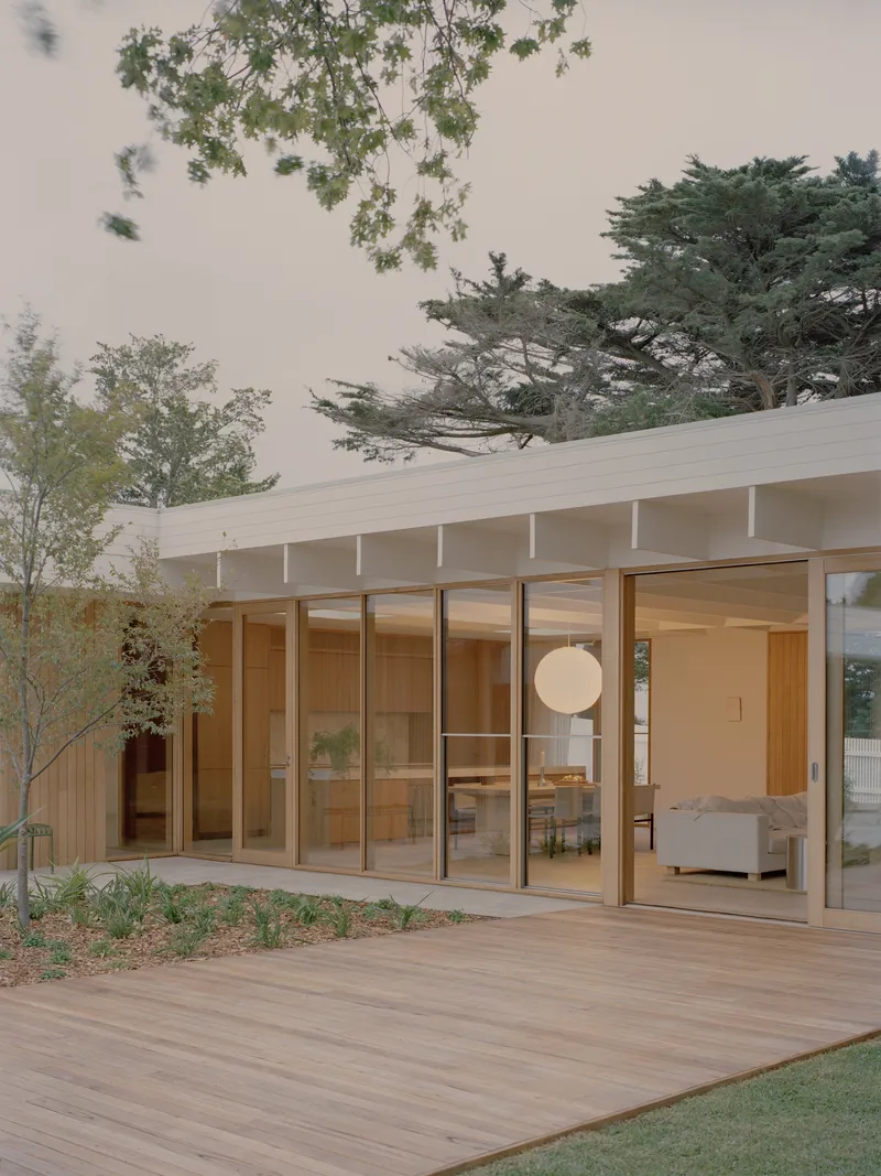 Glass-walled facade with timber deck and young trees framed by overhanging branches