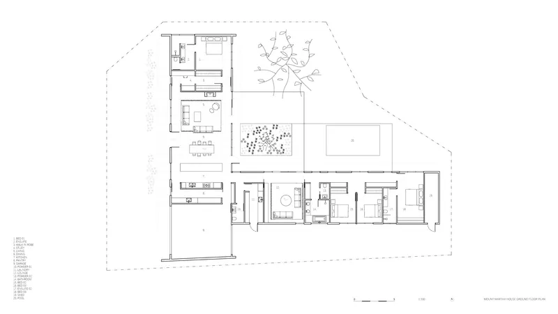 Ground floor plan drawing showing interior rooms, courtyard with planted areas, and perimeter boundaries