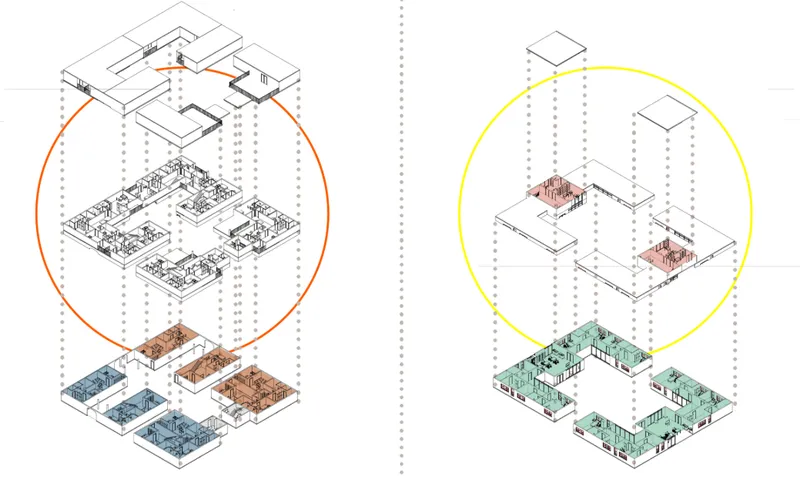 Exploded axonometric diagrams illustrate residential layouts, circulation, shared spaces, and accessible living zones.