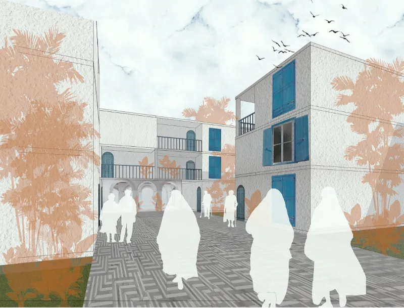 Pedestrian courtyard framed by low-rise senior housing and landscaped communal spaces.