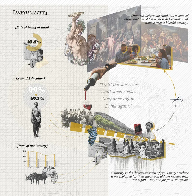 Conceptual collage explores inequality, labour, and the social meaning of wine.
