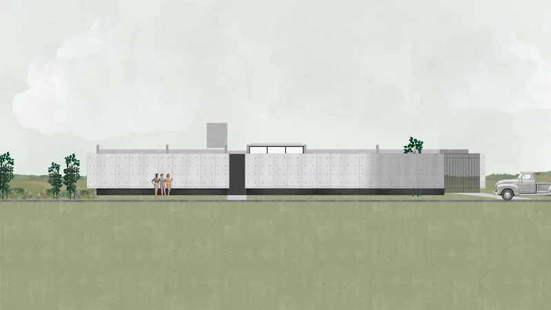 Elevation drawing of a linear concrete facade with circular perforations and a group standing outside