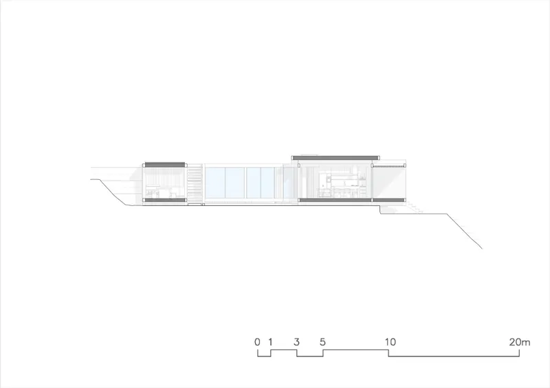 Section drawing cutting through the residence showing interior spatial volumes on the sloping site
