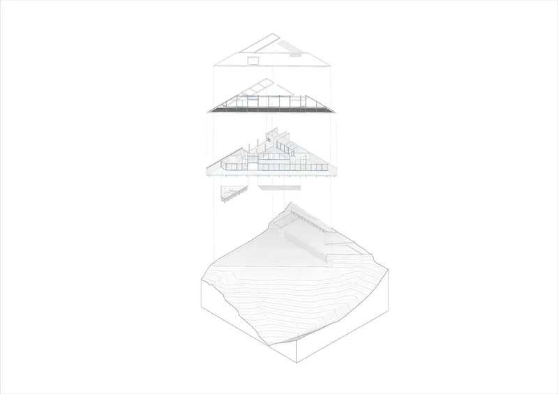 Exploded axonometric drawing revealing the layered roof structure and site excavation below