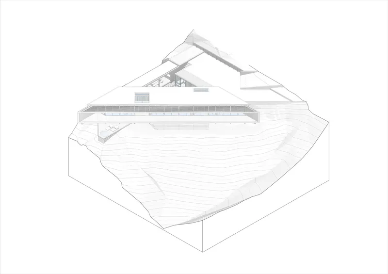 Axonometric drawing showing a linear structure with angled roof volumes set into a sloped site