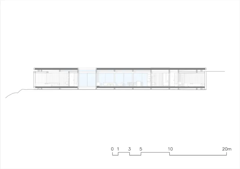 Longitudinal section drawing revealing interior room divisions and a recessed glazed opening
