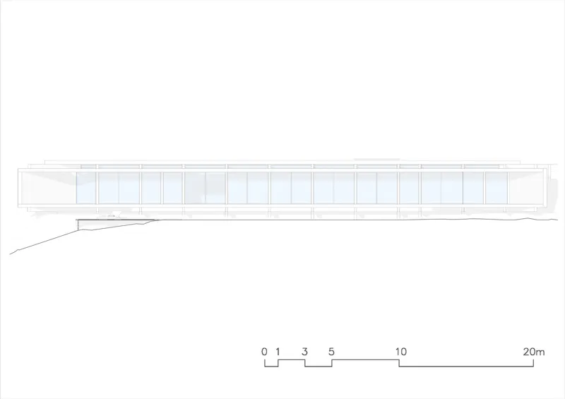 Elevation drawing showing a horizontal volume with rhythmic vertical glazing along the slope