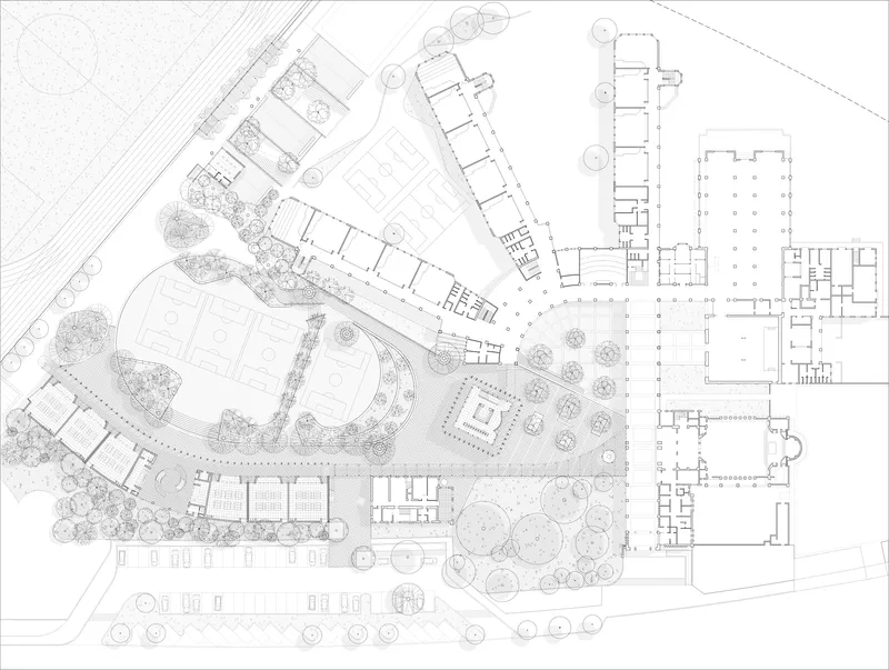 Site plan drawing showing multiple buildings, landscaped areas, pathways and circular tree plantings