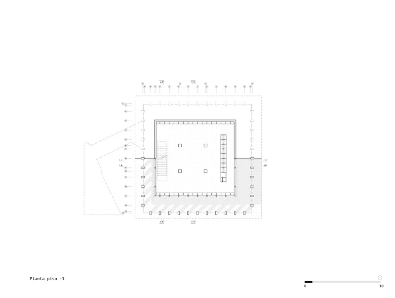 Floor plan drawing of a basement level with central stair, perimeter columns and structural grid