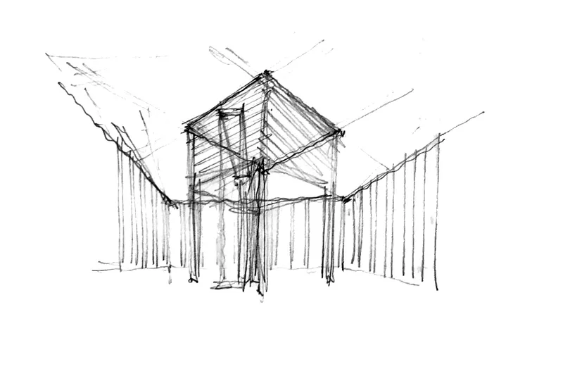 Sketch of an interior courtyard space with vertical slat walls and a raised clerestory volume above
