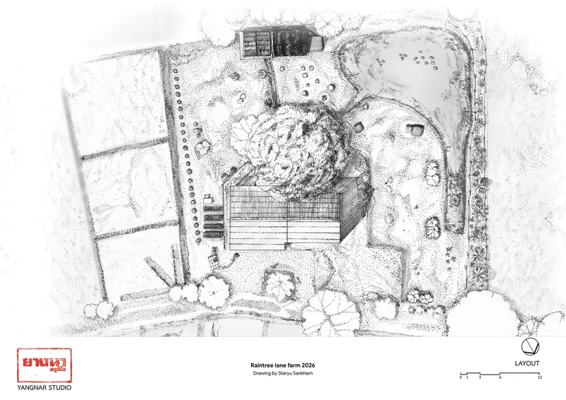 Site layout drawing showing the house positioned among landscaped paths and tree clusters