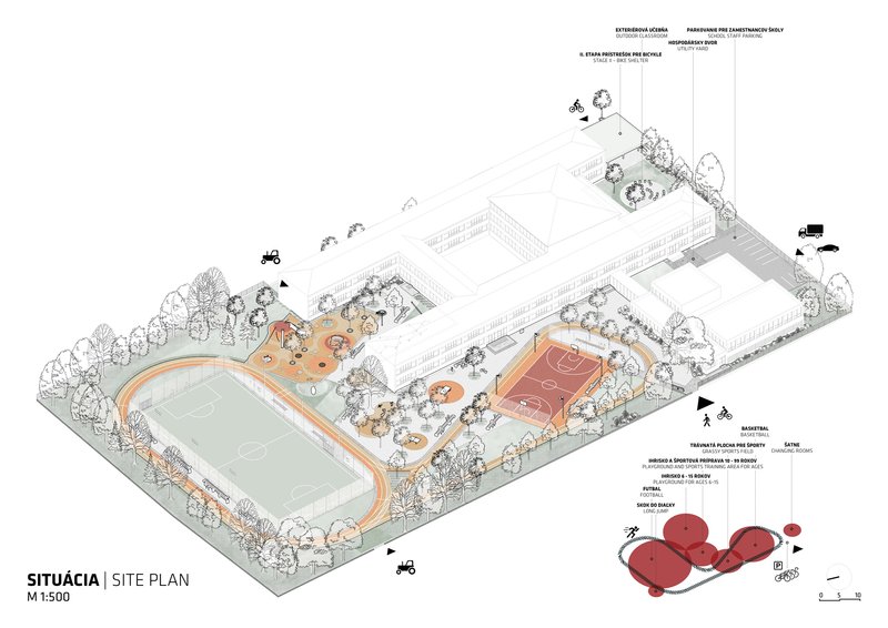 Site plan drawing depicting football pitch, basketball court, running track and landscape elements with material legend