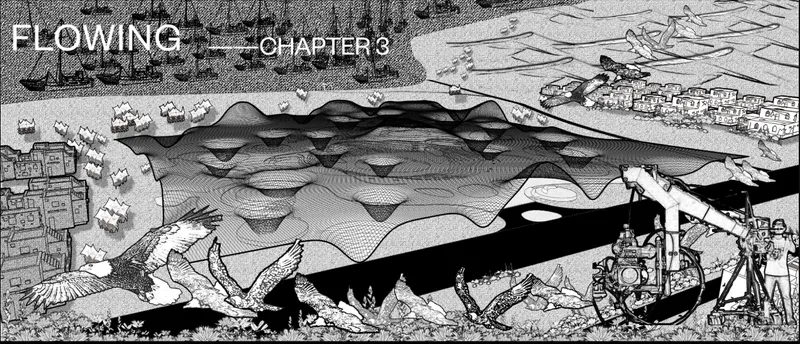 Flowing canopy merges desert, sea, wildlife, and film equipment into one cinematic architectural landscape.