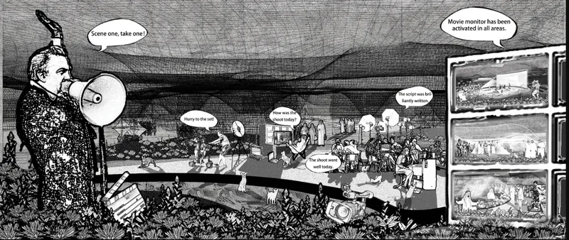 Producers’ office coordinates scripts, filming, monitoring, and public participation across the experimental film space.