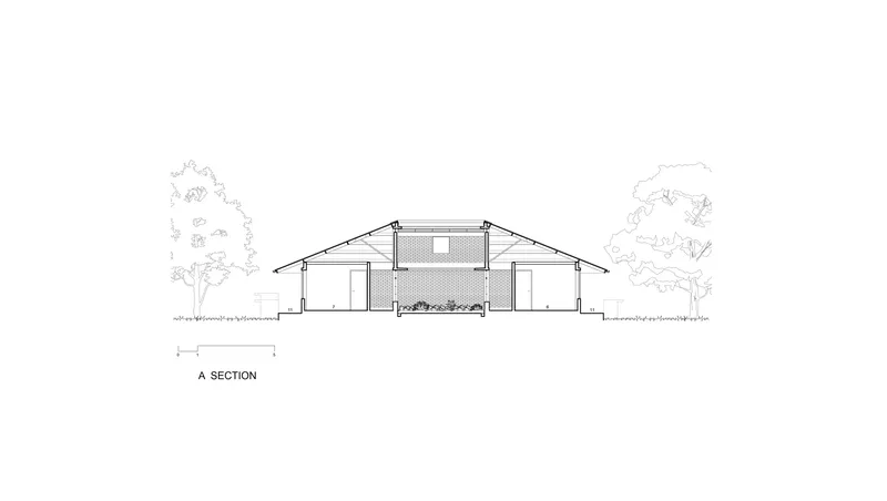 Section drawing showing the pitched roof structure with central raised volume and flanking trees