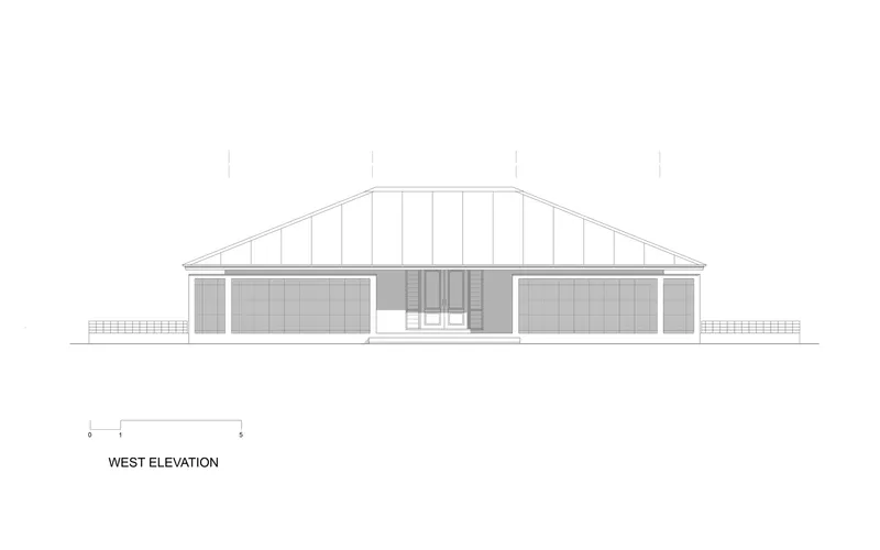 West elevation drawing showing the gabled roof with vertical cladding and glazed openings