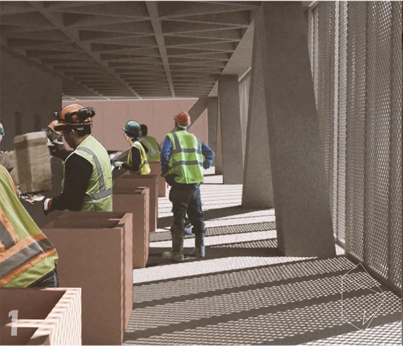 Covered walkway with perforated metal screen and construction workers wearing safety vests under timber beams