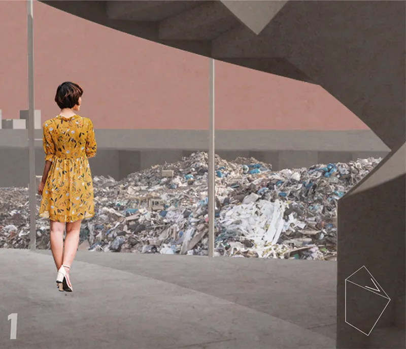 Interior gallery space with glazed wall overlooking a pile of recycled materials, with a visitor standing inside
